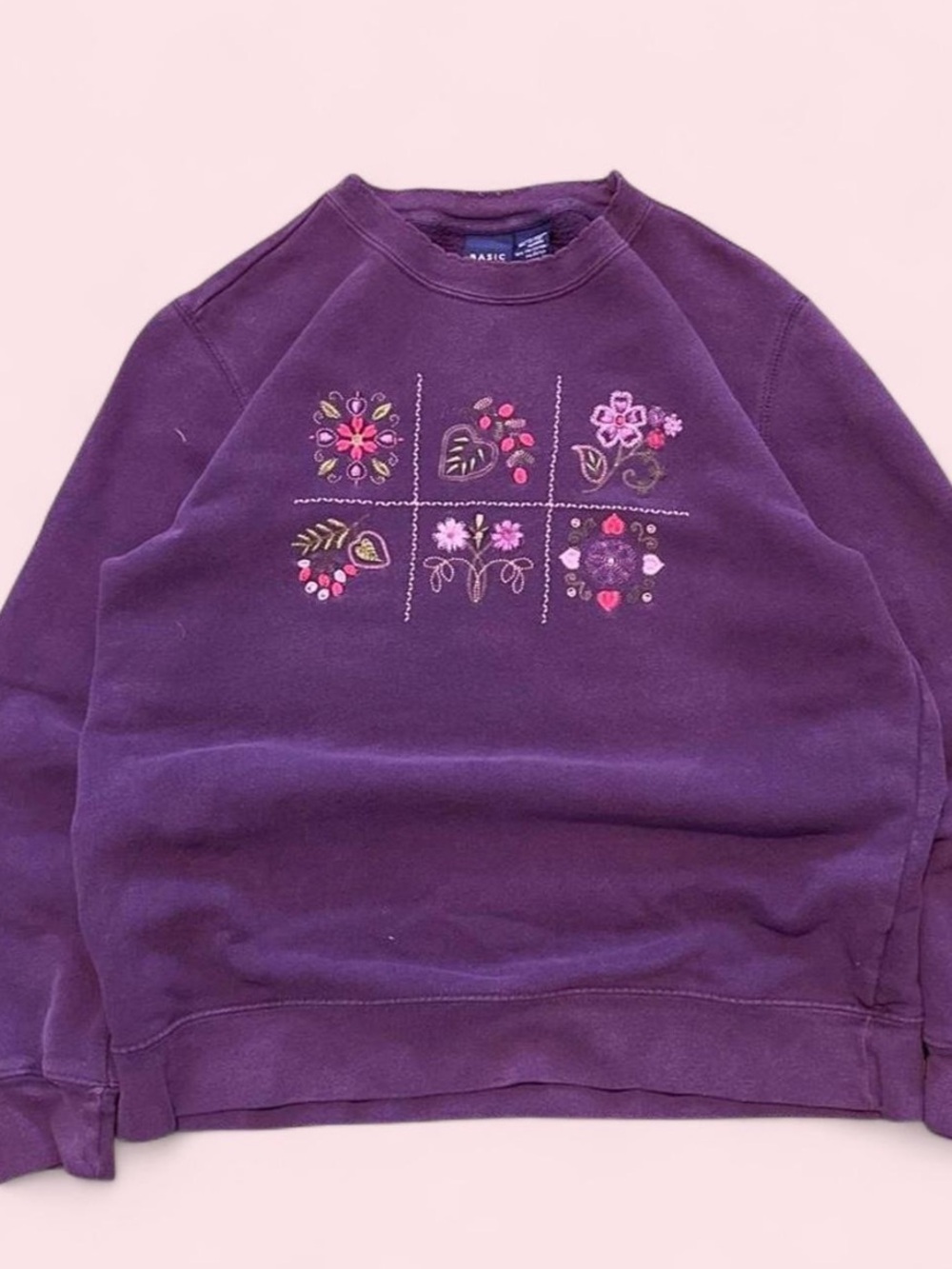 Basic Editions Purple Floral Embroidered Crew Sweatshirt